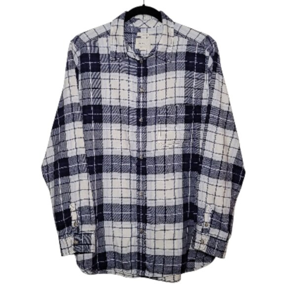 American Eagle Plaid Flannel Button-Up Shirt  Blue White Boyfriend Fit XLarge - Picture 2 of 10